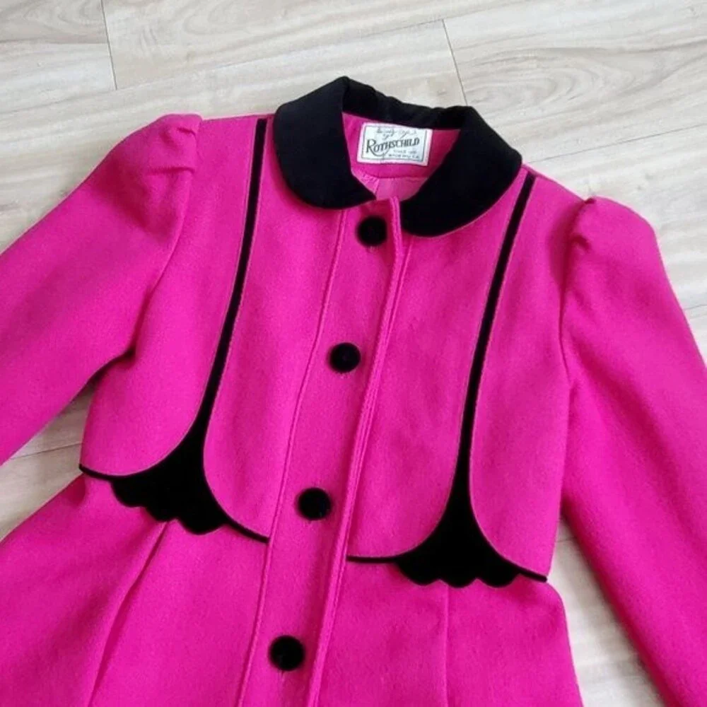 Vintage 70s/80s Rothschild Pink Wool Black Velvet Coat - Picture 3 of 12